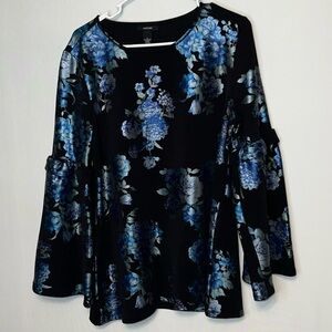 Alfani Women's Black Metallic Floral Print Blouse Top Bell Sleeves Size Large.